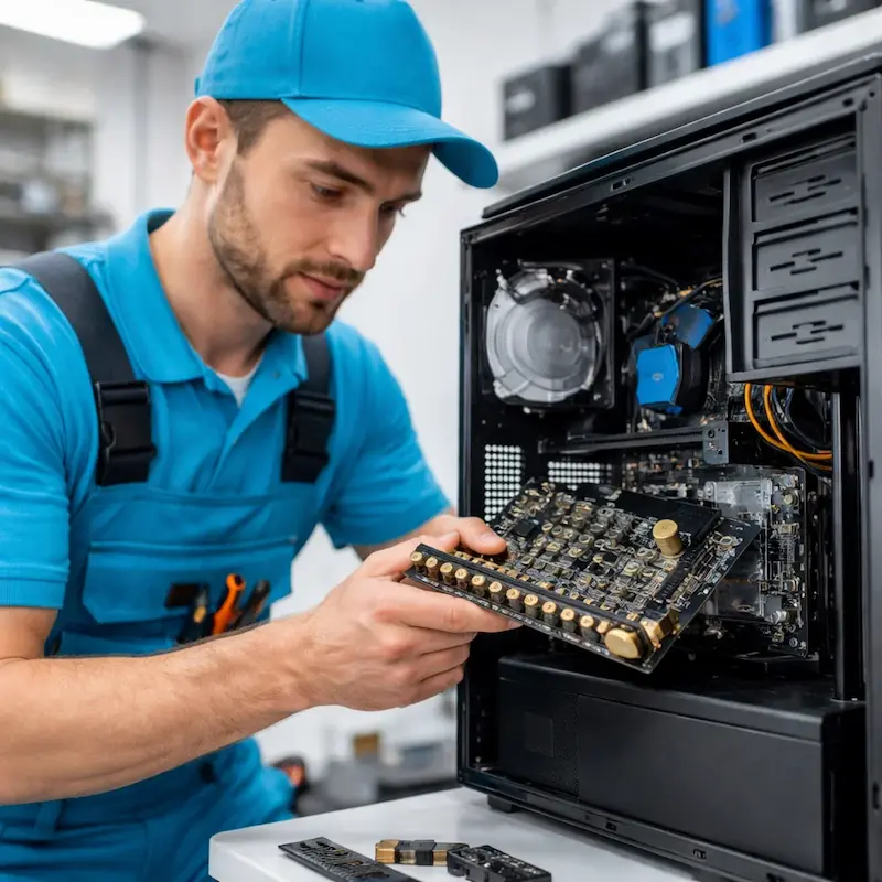 Мастер устанавливает звуковую карту на ПК в Омске